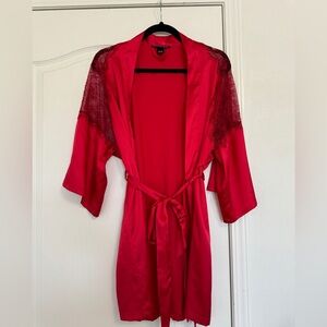 Victoria’s Secret Cherry Red Satin Robe with Delicate Lace S/M